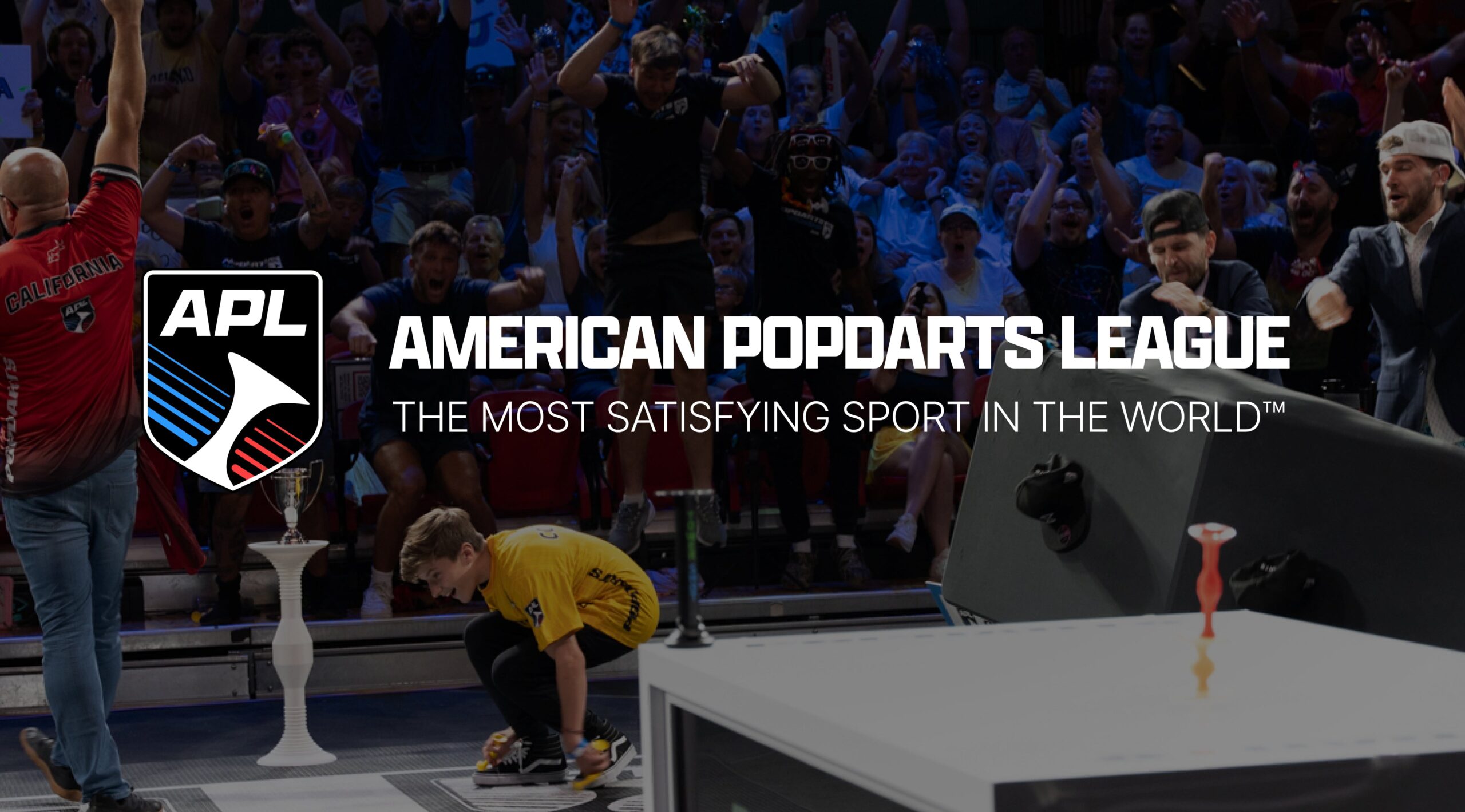 APL's own homepage hero image: crowd erupting behind the court, player in yellow jersey mid-throw, APL shield logo + 'AMERICAN POPDARTS LEAGUE / THE MOST SATISFYING SPORT IN…