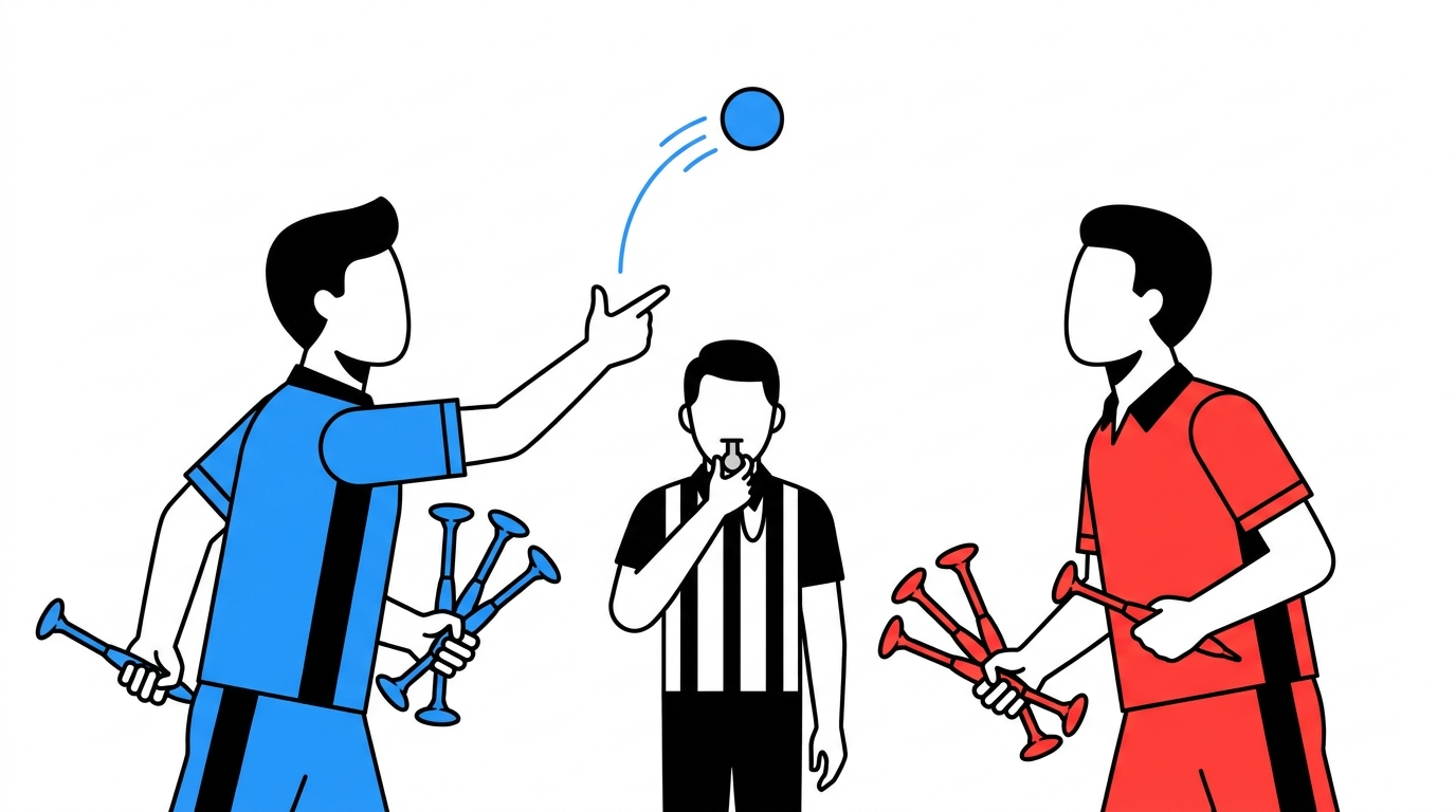 Illustration: the pre-game coin flip between two players holding blue and red Popdarts, with a referee between them