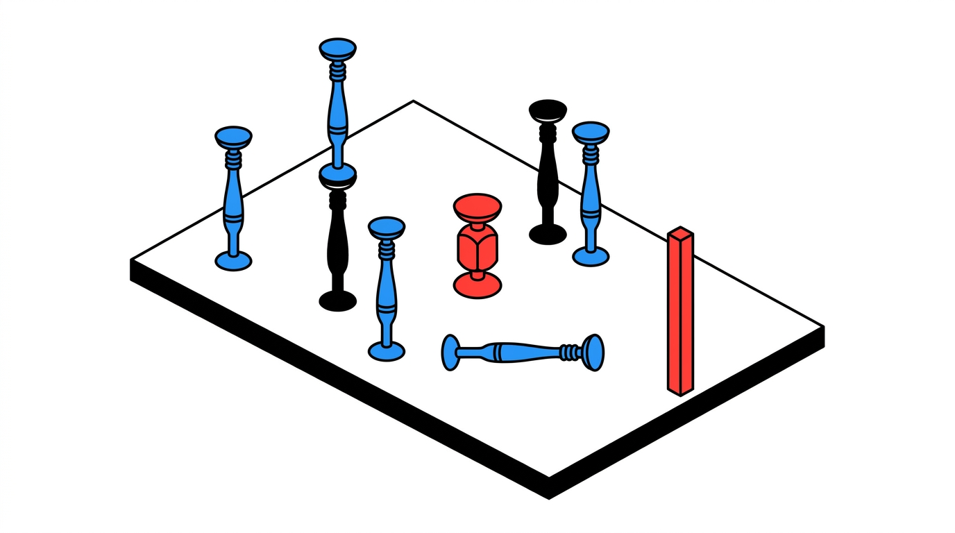 Illustration: two teams' Popdarts in different colours standing on the table around the target marker, with the tower in the front corner