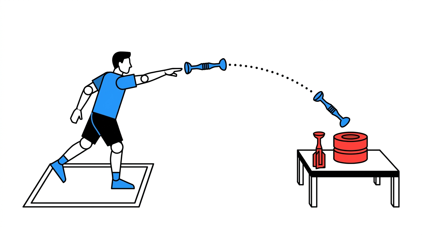 Illustration: a player throws a Popdart from inside the floor box toward the table, target marker and tower